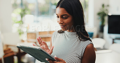 Buy stock photo Business woman, interior designer and research with tablet for online planning or schedule. Female person, planner or renovation design with technology or app for digital layout, network or platform