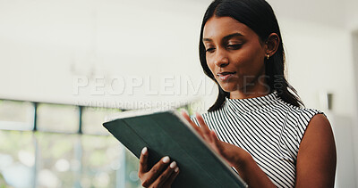 Buy stock photo Business woman, interior designer and schedule with tablet for online planning or research. Female person, planner or renovation design with technology or app for digital layout, network or platform