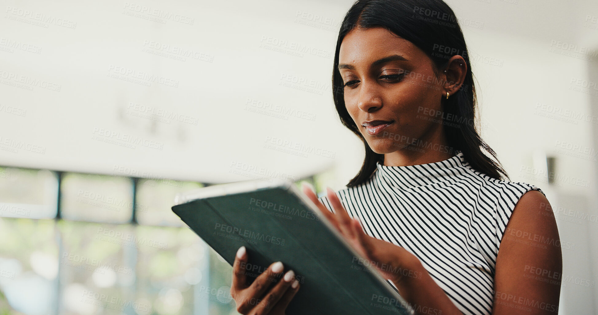 Buy stock photo Business woman, interior designer and schedule with tablet for online planning or research. Female person, planner or renovation design with technology or app for digital layout, network or platform
