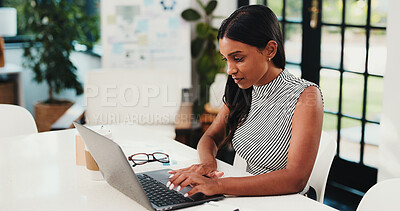 Buy stock photo Finance, review or woman in office with laptop, funding ideas or data analysis for budget pitch. Research, reading or analyst in agency with tech, online report or proposal update for investment plan