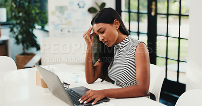 Buy stock photo Business woman, headache and stress with laptop in office for overworked strain or pressure. Frustrated, female person or employee with migraine on computer for project deadline, mistake or fatigue