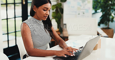 Buy stock photo Finance, laptop and business woman with documents for budget, planning and research in office. Agency, paperwork and person typing on computer for financial review, investment and graph for expenses