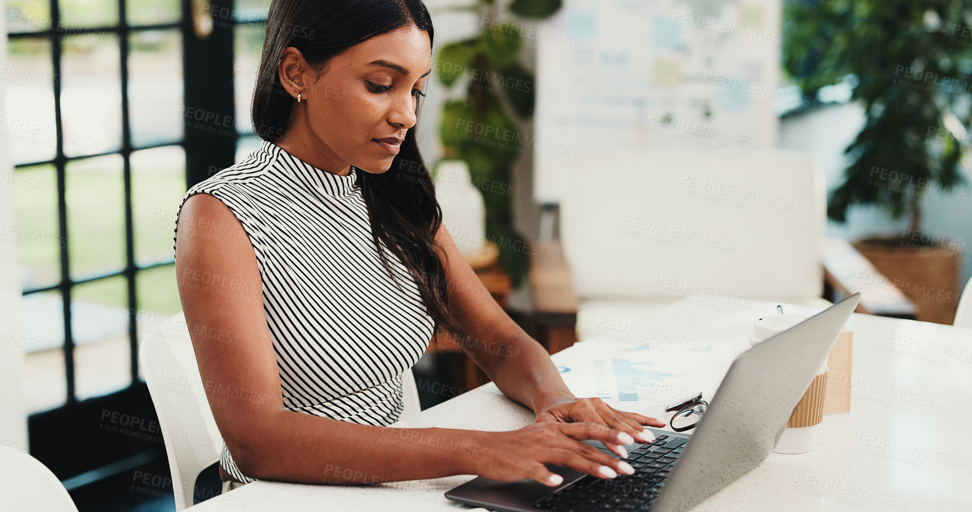 Buy stock photo Finance, laptop and business woman with documents for budget, planning and research in office. Agency, paperwork and person typing on computer for financial review, investment and graph for expenses