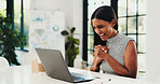 Happy, business woman and winning with laptop in office for good news, promotion or deal. Excited, female person or employee with smile on computer for company success, prize or bonus in workplace