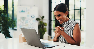 Buy stock photo Happy, business woman and winning with laptop in office for good news, promotion or deal. Excited, female person or employee with smile on computer for company success, prize or bonus in workplace