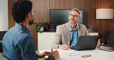 Buy stock photo Discussion, laptop and business men in office with graphs for stock market with finance report. Meeting, computer and male financial analyst with investor for investment proposal in workplace.