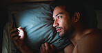 Night, man and reading in bed with phone for text message reply, social media and check dating site. Late, person and scroll with tech in apartment for online conversation, internet and mobile app.