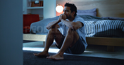 Buy stock photo Night, anxiety and man with depression, mental health and insomnia from sad thoughts in bedroom. Late, contemplation and anxious person with grief, worry and sleepless from stress in apartment.