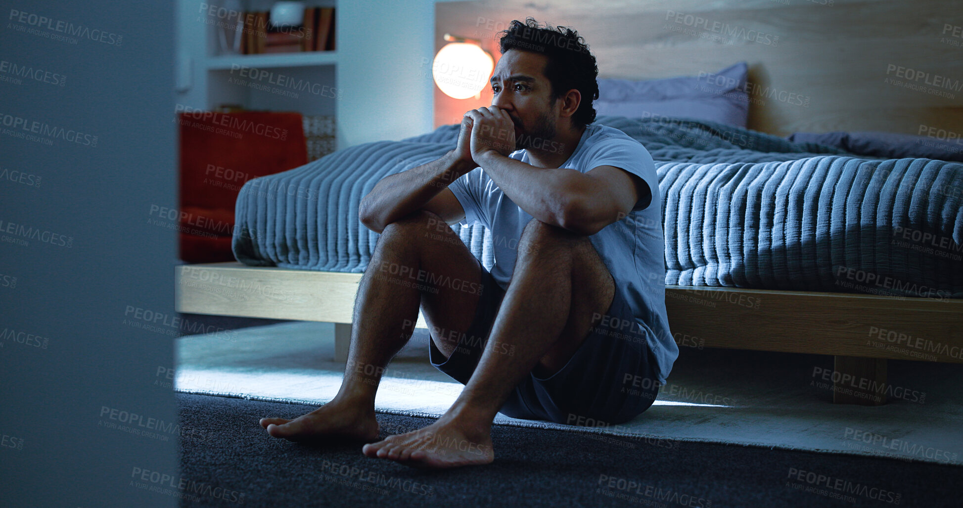 Buy stock photo Night, anxiety and man with depression, mental health and insomnia from sad thoughts in bedroom. Late, contemplation and anxious person with grief, worry and sleepless from stress in apartment.