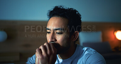 Buy stock photo Night, thinking and man with stress in bedroom, insomnia crisis and mistake reflection. Sleepless, remember failure and person with depression for anxiety, worry and dark home with negative thoughts