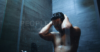Buy stock photo Stress, frustrated or overwhelmed man in shower, mental health or anxiety for financial hardship. Bankruptcy crisis, depressed or person with debt pressure in home, distressed or worry from low angle