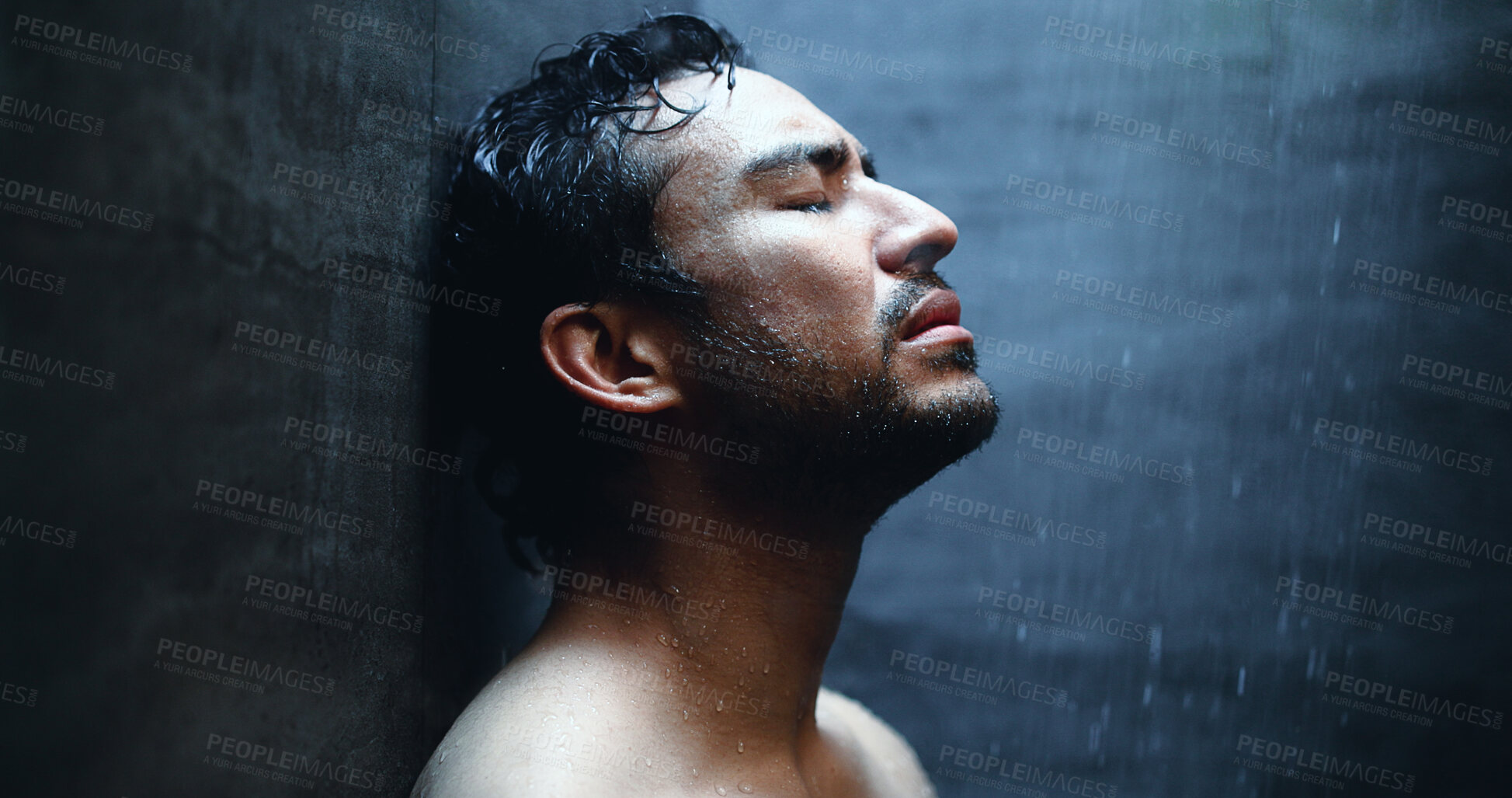Buy stock photo Mental health, sad and man in shower with reflection, anxiety trigger or memory of past trauma. Grief, flashback and male person in house with sadness, fatigue or emotional thoughts in bathroom. 