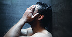 Mental health, frustrated and man in shower with reflection, anxiety trigger or memory of past trauma. Grief, flashback and male person in house with sadness, loss or fatigue in emotional thoughts.