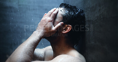Buy stock photo Mental health, frustrated and man in shower with reflection, anxiety trigger or memory of past trauma. Grief, flashback or male person in house with sadness, fatigue or emotional thoughts in bathroom