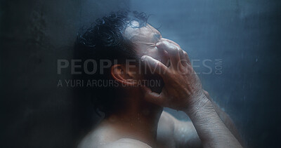 Buy stock photo Mental health, angry and man in shower with reflection, anxiety trigger or memory of past trauma. Grief, flashback and male person in bathroom with sadness, regret or fatigue in emotional thoughts.