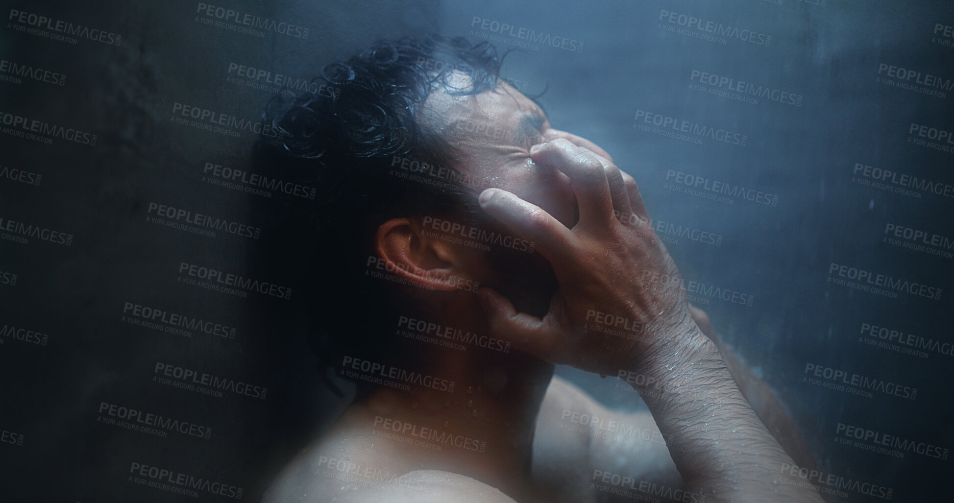 Buy stock photo Mental health, angry and man in shower with reflection, anxiety trigger or memory of past trauma. Grief, flashback and male person in bathroom with sadness, regret or fatigue in emotional thoughts.