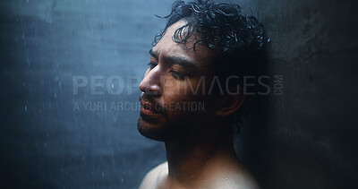 Buy stock photo Mental health, tired and man in shower with reflection, anxiety trigger or memory of past trauma. Grief, space and male person in bathroom with sadness, flashback or fatigue in emotional thoughts.