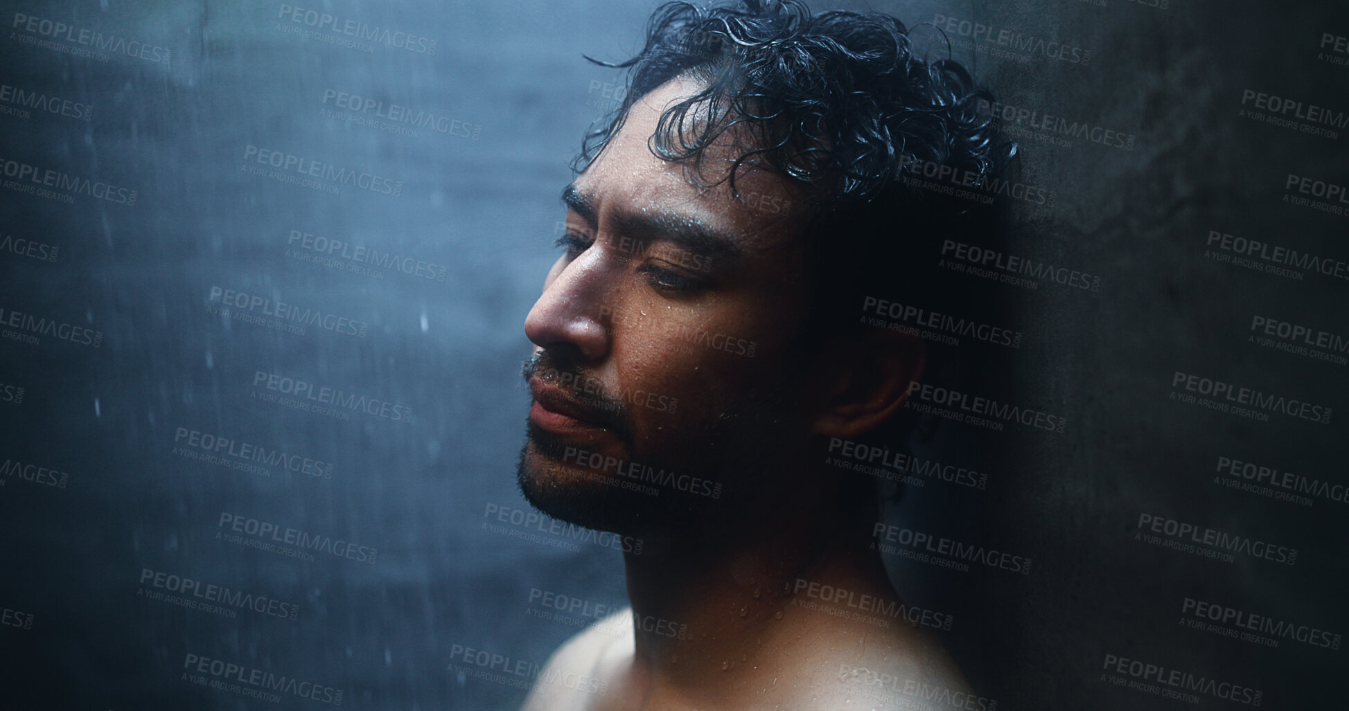 Buy stock photo Mental health, tired and man in shower with reflection, anxiety trigger or memory of past trauma. Grief, space and male person in bathroom with sadness, flashback or fatigue in emotional thoughts.