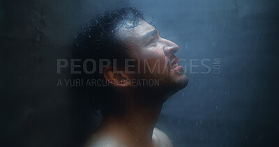 Buy stock photo Mental health, sad or man in shower with reflection, anxiety trigger or memory of past trauma. Grief, loss or male person in bathroom with depression, flashback or fatigue in emotional thoughts.