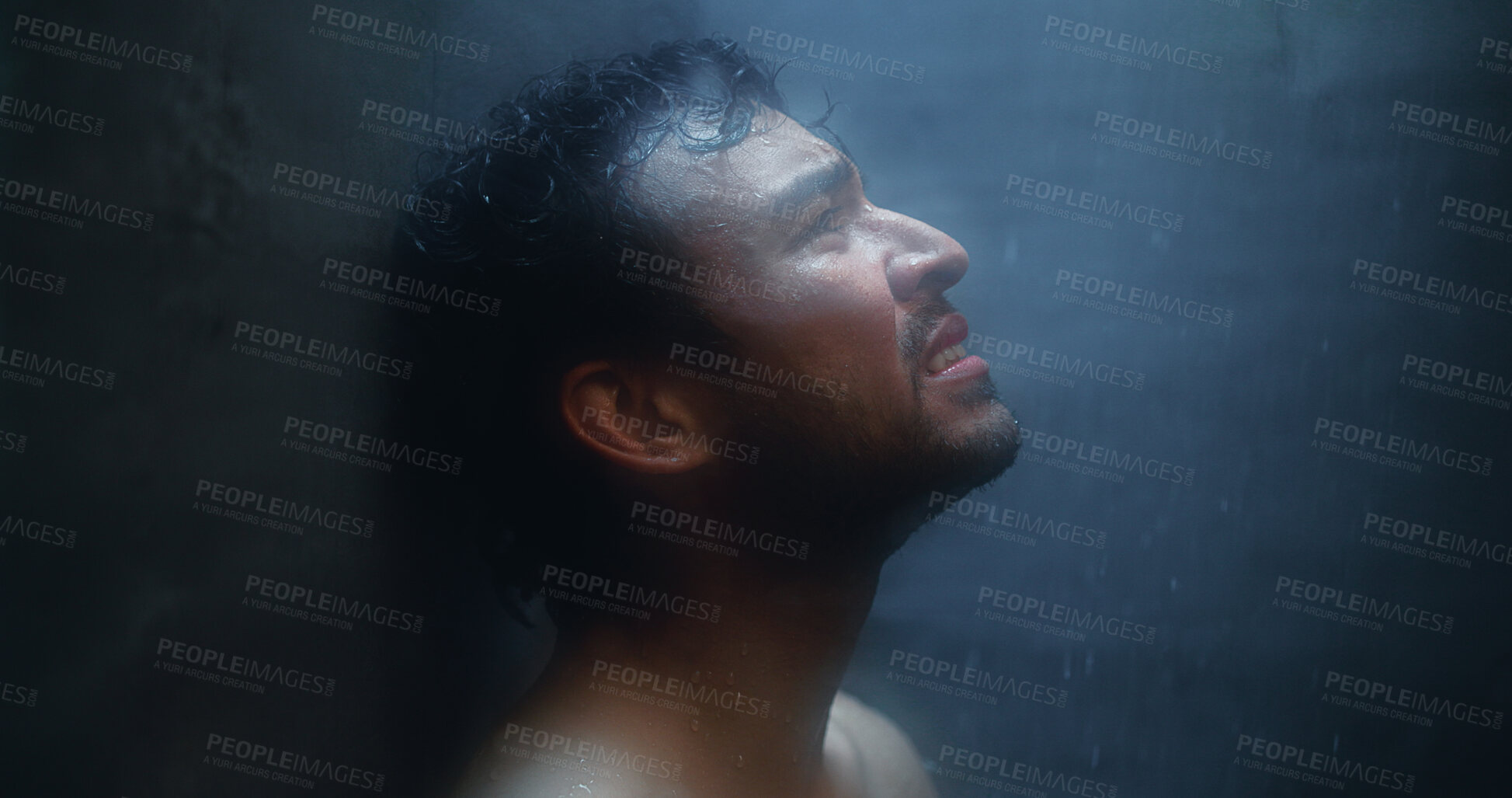 Buy stock photo Mental health, sad or man in shower with reflection, anxiety trigger or memory of past trauma. Grief, loss or male person in bathroom with depression, flashback or fatigue in emotional thoughts.