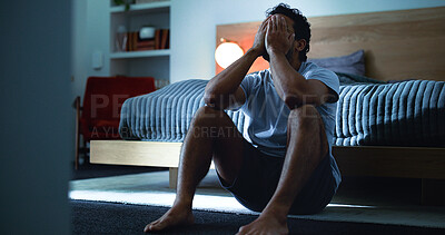 Buy stock photo Insomnia, thinking and man in bedroom at night for burnout, exhausted and fatigue for mental health. Tired, dark and person with upset, sad and anxiety for sleepless, bad dream and frustrated in home