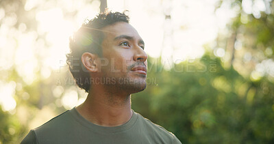Buy stock photo Thinking, explore or man in forest with hiking, fresh air or contemplation on trekking journey. Reflection, bokeh or person in nature with thoughts, mindfulness or daydreaming in outdoor adventure.