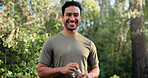 Happy man, portrait and fitness with water bottle in nature for hydration or outdoor recovery. Active, male person or runner with smile or mineral liquid for natural sustainability or break in forest