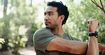 Man, fitness and stretching with arms for workout preparation, start or begin in forest. Active, male person or runner getting ready with warm up for hiking, outdoor training or exercise in nature