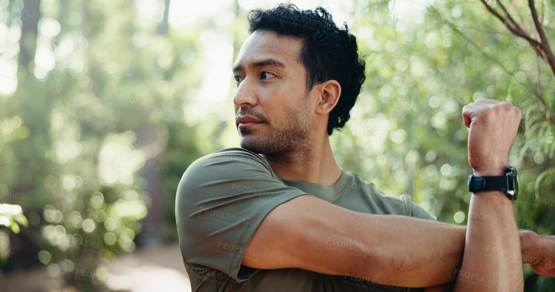 Buy stock photo Man, fitness and stretching with arms for workout preparation, start or begin in forest. Active, male person or runner getting ready with warm up for hiking, outdoor training or exercise in nature