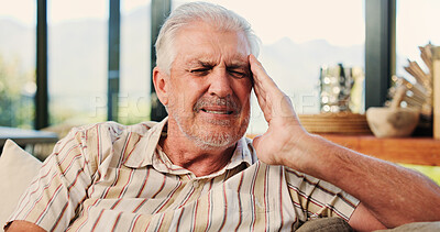 Buy stock photo Headache, stress and senior man on sofa in home for mental health, anxiety or vertigo in living room. Fatigue, migraine and elderly male person in retirement with burnout, pain or brain fog in house.