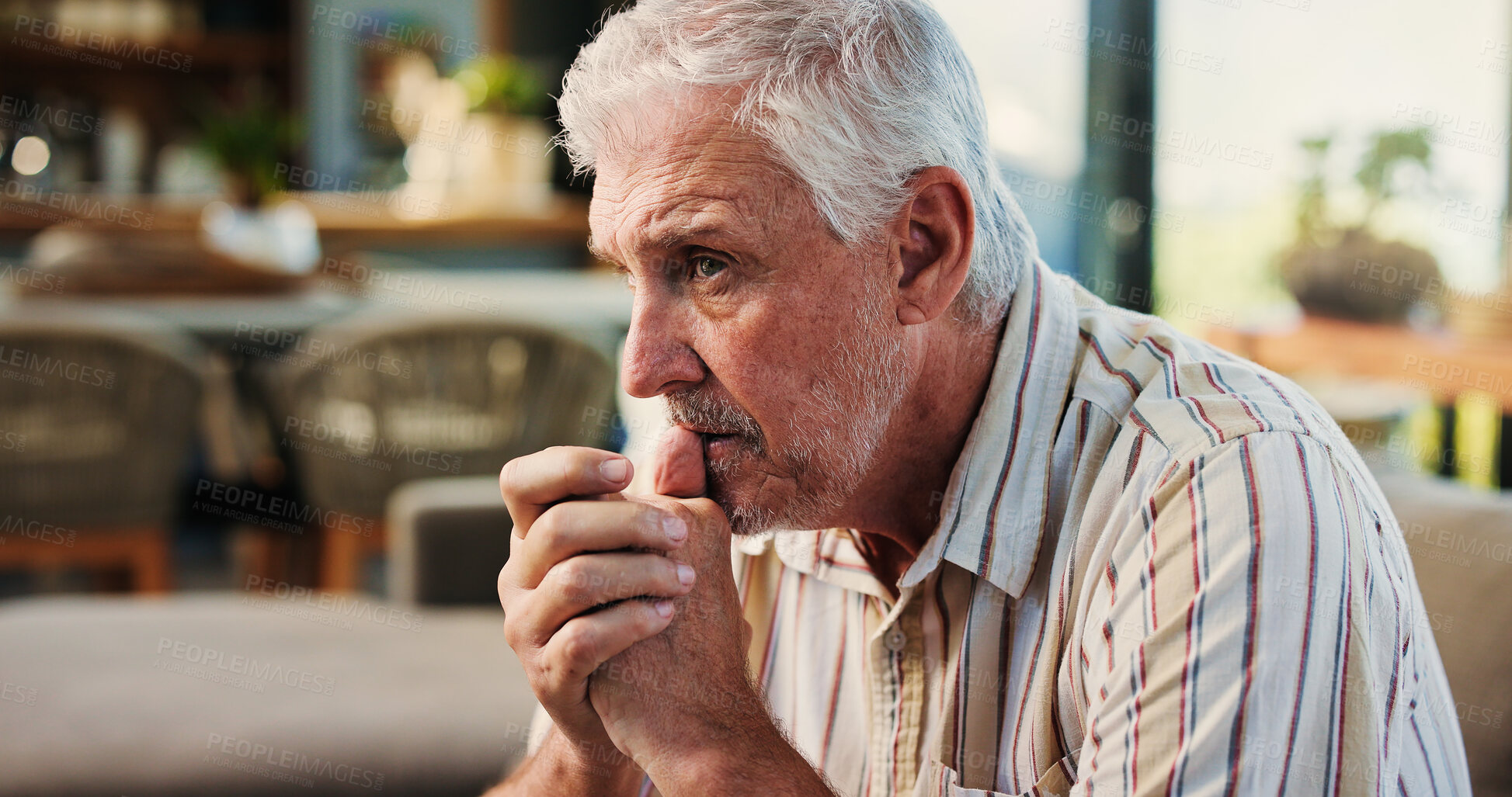 Buy stock photo Old man, thinking and stress on couch in home with mental health, sad and worry in retirement. Elderly person with depression, anxiety and bad memory on sofa, regret and reflection at apartment