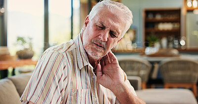 Buy stock photo Injury, neck pain and senior man on sofa in home with arthritis, osteoporosis or joint inflammation. Fibromyalgia, medical emergency and elderly person with muscle sprain, tension or ache in house.