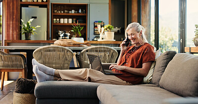 Buy stock photo Happy, woman and phone call in home with laptop for remote work, discussion or writing news story. Mature person, smile and talk in house with computer, tech and contact for freelance journalism job.