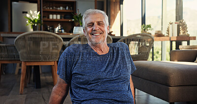 Buy stock photo Fitness, portrait or mature man in house with smile, pride or rest after physical activity. Happy, wellness or male person in living room with confidence, senior hobby or workout break in Australia