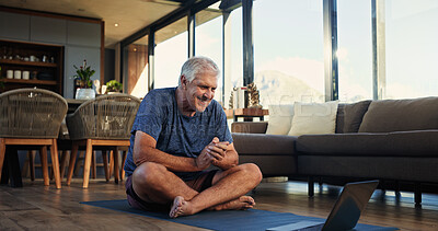 Buy stock photo Laptop, watch or senior man in home for workout, fitness training or activity video for wellness. Retirement health, exercise tutorial or elderly person with pc for streaming, smile or online class