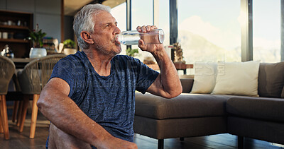 Buy stock photo Home, yoga and old man in lounge, drinking water and relax with break, hydration and rest. Apartment, pensioner and senior person with health, thirsty and liquid with nutrition, fitness or wellness
