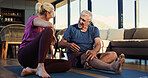House, yoga and old couple with conversation, fitness and bonding together in living room. Apartment, happy man and woman with meditation, relax and health with hobby, love and exercise with routine