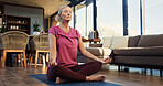 Lotus pose, meditation and senior woman in house for balance, zen or calm with wellness. Breathing, gratitude and elderly female person with yoga practice for mindfulness on mat in apartment.