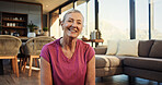 Fitness, portrait or mature woman in house with smile, pride or rest after physical activity. Happy, sports or female person in home with confidence, senior hobby or performance break in Australia.