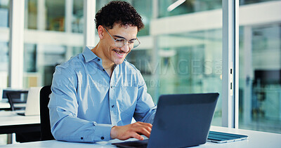 Buy stock photo Office, laptop and man with glasses, happy and risk assessment for investment proposal and research. Business, financial analyst and person with tech for asset management, smile and budget review