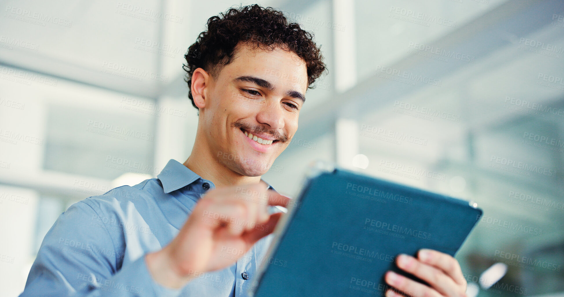 Buy stock photo Copywriter, happy or man in office with tablet, draft review or research for article update. Digital, reading or male person in agency with tech, script development or blog fact check for publication