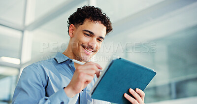 Buy stock photo Copywriter, smile or man in office with tablet, draft review or research for article update. Digital, space or male person in agency with tech, script development or blog fact check for publication.