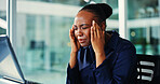 Financial advisor, laptop and black woman with headache, stress and debt with mistake, tired and pressure. Investor, broker and person with pain, pc and frustrated with migraine and temple massage