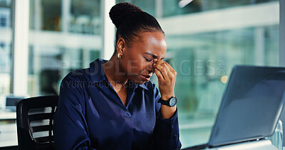 Buy stock photo Financial advisor, laptop and black woman with headache, tired and stress with debt, mistake and pressure. Investor, broker and person in office, pc and eye strain with migraine, pain and burnout