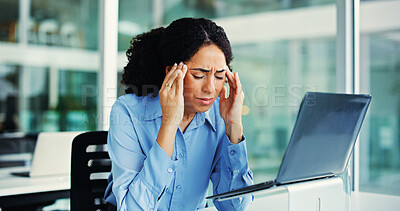 Buy stock photo Financial advisor, laptop and woman with headache, pain and stress with debt, mistake and tension. Investor, employee or person in office, pc or frustrated with migraine, temple massage or eye strain