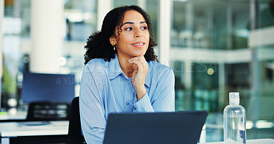 Buy stock photo Thinking, solution or journalist in office with laptop, draft insight or brainstorming for article update. Reflection, ideas or woman with tech, story development or planning column for publication.