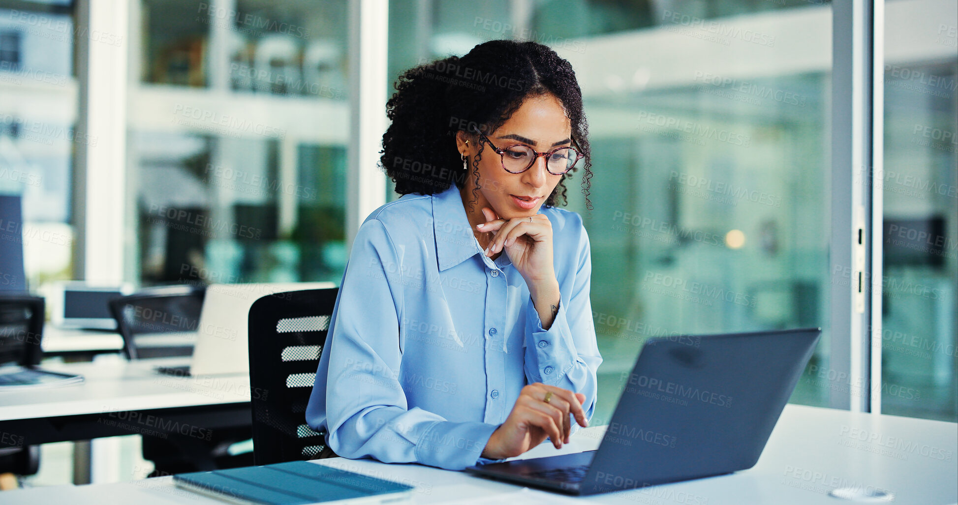 Buy stock photo Reading, employee and woman with laptop, office and risk assessment for investment proposal or info. Business, financial analyst and person with tech for asset management, online and budget review