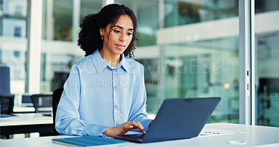 Buy stock photo Reading, business woman or laptop in office for planning, investment project or forecasting proposal. Market research, online report or financial analyst with profit opportunity,   review or computer