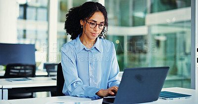 Buy stock photo Employee, typing and woman with laptop, online and risk assessment for investment proposal and info. Business, financial analyst and person with tech for asset management, research and budget review