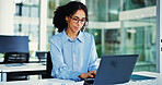 Office, laptop and woman with glasses, typing and risk assessment for investment proposal or online. Business, financial analyst and person with tech for asset management, info and budget review
